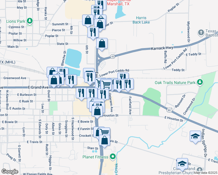 map of restaurants, bars, coffee shops, grocery stores, and more near 1811 Victory Drive in Marshall