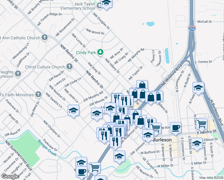map of restaurants, bars, coffee shops, grocery stores, and more near 105 Northeast Moody Street in Burleson
