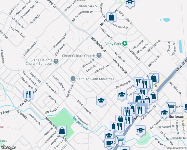 map of restaurants, bars, coffee shops, grocery stores, and more near 240 Southwest Cindy Lane in Burleson