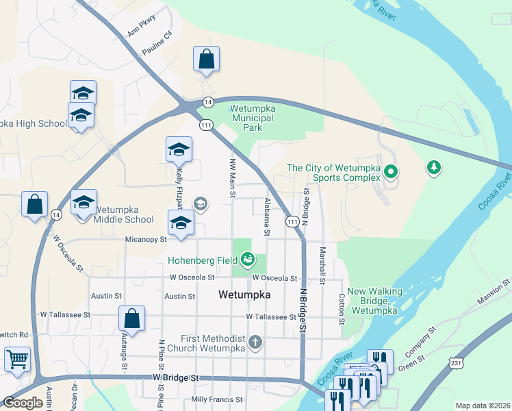 map of restaurants, bars, coffee shops, grocery stores, and more near 25 North Broad Street in Wetumpka