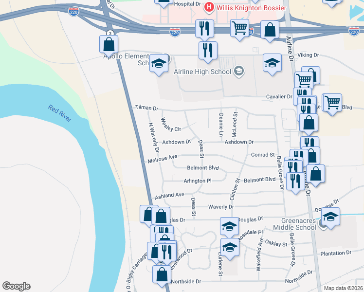 map of restaurants, bars, coffee shops, grocery stores, and more near 2312 Ashdown Drive in Bossier City