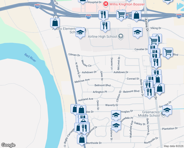 map of restaurants, bars, coffee shops, grocery stores, and more near 2312 Ashdown Drive in Bossier City