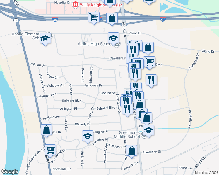 map of restaurants, bars, coffee shops, grocery stores, and more near 2520 Ashdown Drive in Bossier City
