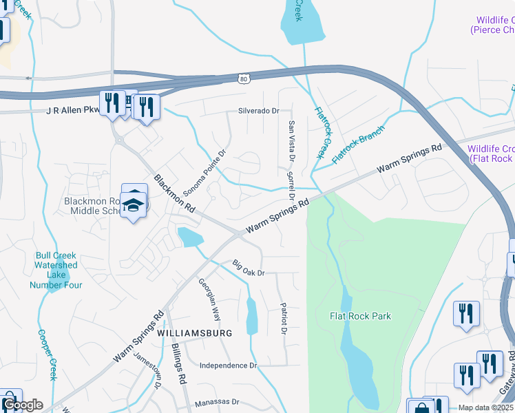 map of restaurants, bars, coffee shops, grocery stores, and more near Townes Way in Columbus