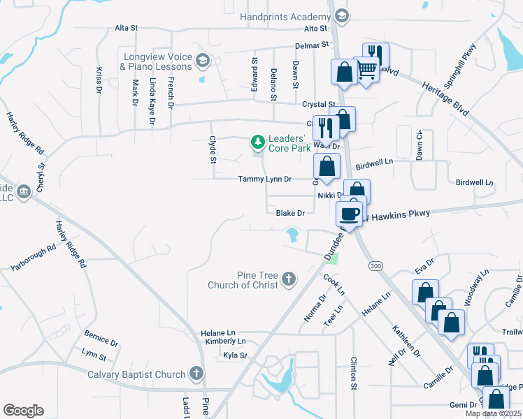 map of restaurants, bars, coffee shops, grocery stores, and more near 319 Blake Drive in Longview