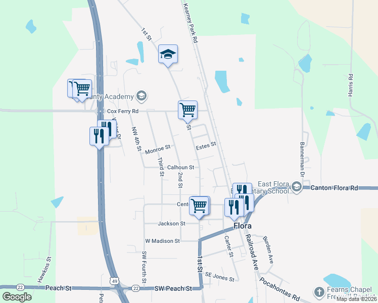 map of restaurants, bars, coffee shops, grocery stores, and more near 421 1st St in Flora