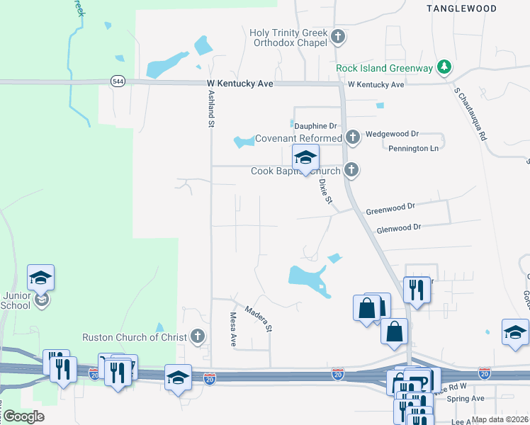 map of restaurants, bars, coffee shops, grocery stores, and more near 1803 Corley Street in Ruston