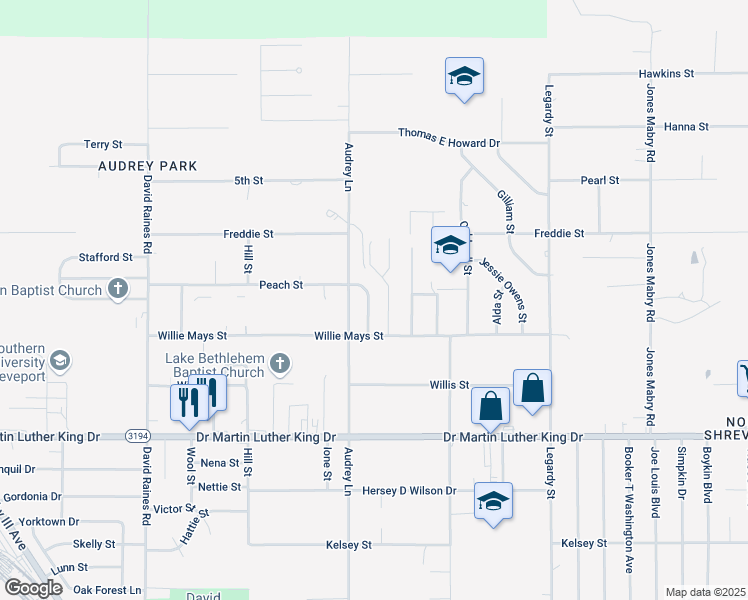 map of restaurants, bars, coffee shops, grocery stores, and more near 1719 Peach Street in Shreveport