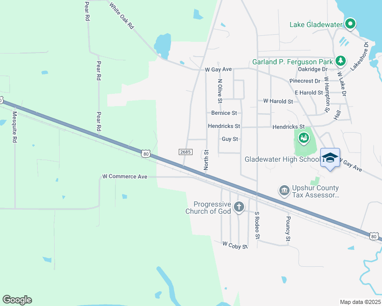 map of restaurants, bars, coffee shops, grocery stores, and more near 300 Farm to Market Road 2685 in Gladewater