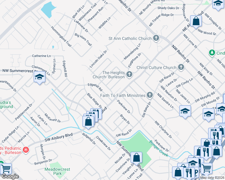 map of restaurants, bars, coffee shops, grocery stores, and more near 433 Flagstone Drive in Burleson