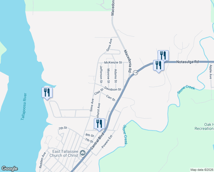 map of restaurants, bars, coffee shops, grocery stores, and more near 306 Davidson Street in Tallassee