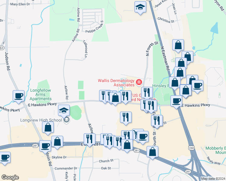 map of restaurants, bars, coffee shops, grocery stores, and more near 323 East Hawkins Parkway in Longview