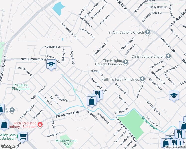map of restaurants, bars, coffee shops, grocery stores, and more near 905 Beaver Creek Drive in Burleson