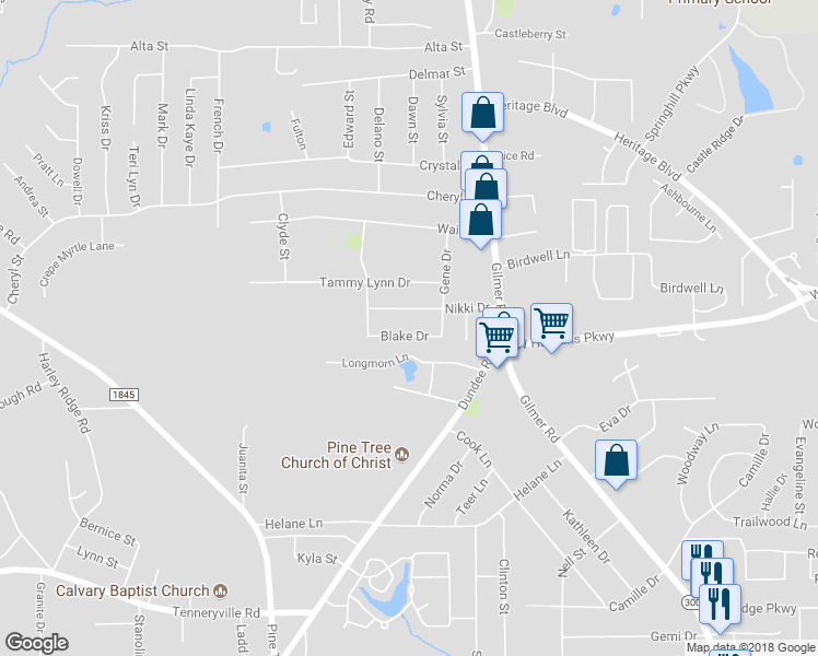 map of restaurants, bars, coffee shops, grocery stores, and more near 309 Blake Drive in Longview