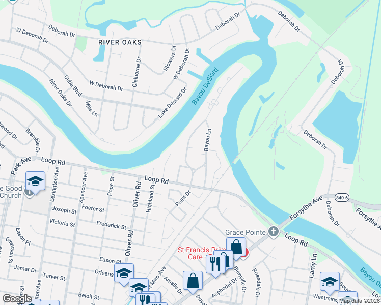 map of restaurants, bars, coffee shops, grocery stores, and more near 2717 Bayou Lane in Monroe