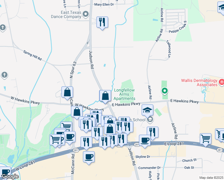 map of restaurants, bars, coffee shops, grocery stores, and more near 3100 Judson Road in Longview