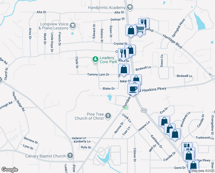 map of restaurants, bars, coffee shops, grocery stores, and more near 309 Blake Drive in Longview