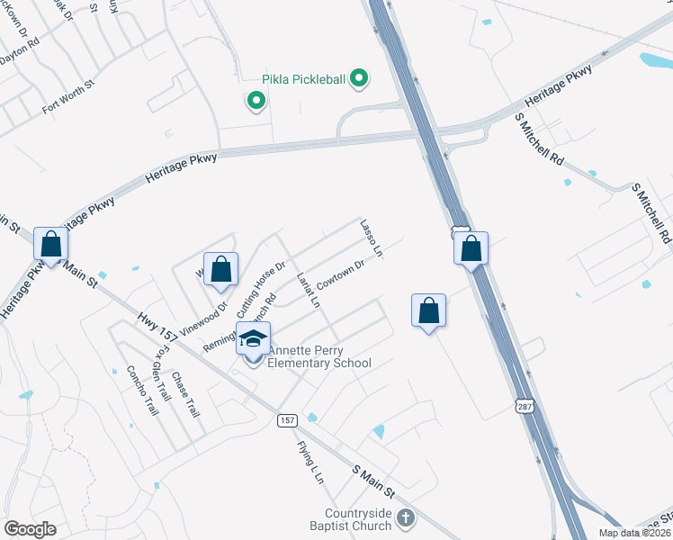 map of restaurants, bars, coffee shops, grocery stores, and more near 1509 Cowtown Drive in Mansfield