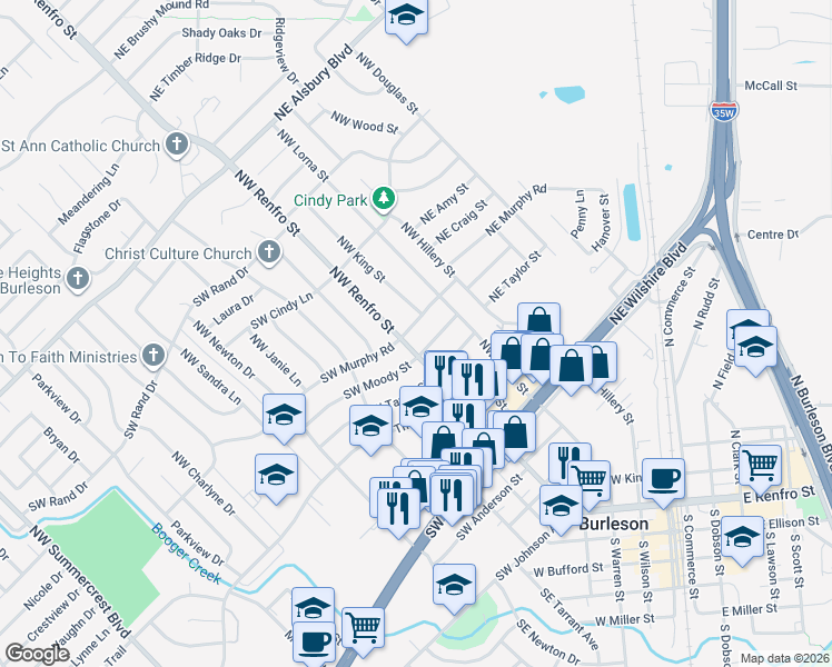 map of restaurants, bars, coffee shops, grocery stores, and more near 105 Northeast Moody Street in Burleson