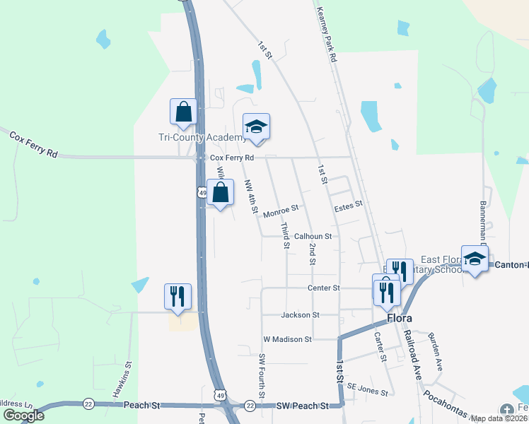 map of restaurants, bars, coffee shops, grocery stores, and more near 148 Monroe Street in Flora