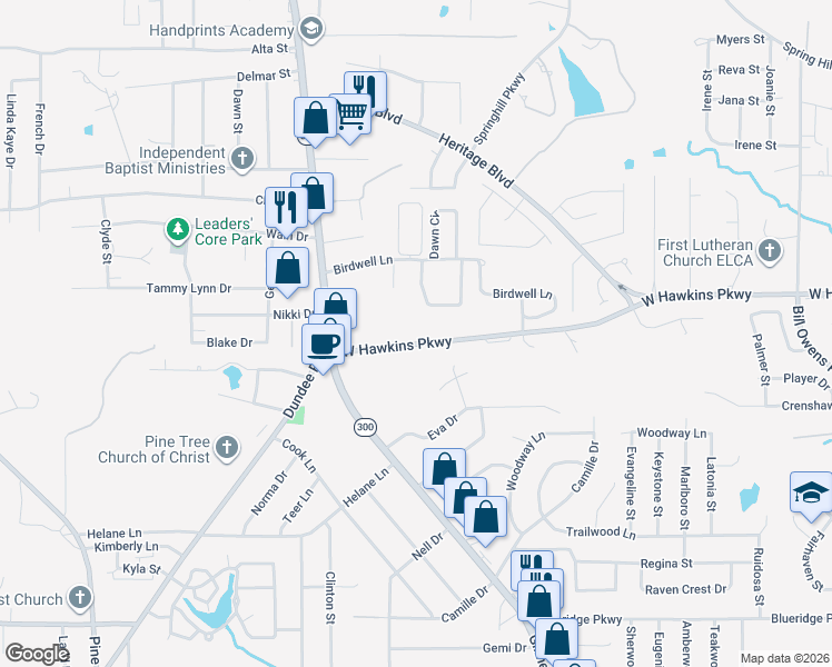 map of restaurants, bars, coffee shops, grocery stores, and more near 3051 West Hawkins Parkway in Longview