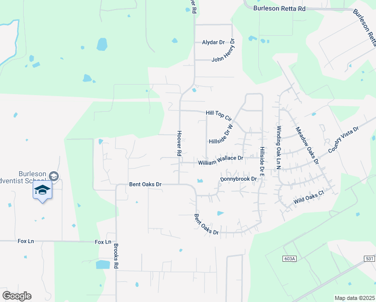 map of restaurants, bars, coffee shops, grocery stores, and more near 565 Hoover Road in Burleson