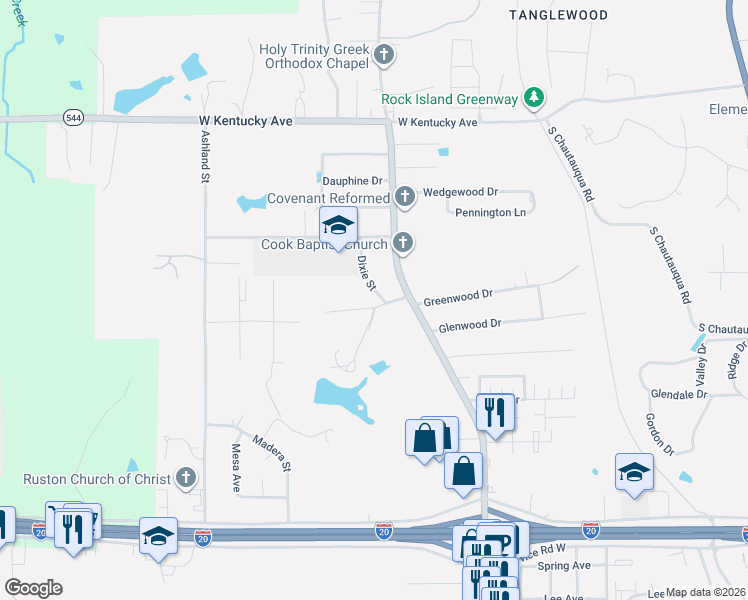 map of restaurants, bars, coffee shops, grocery stores, and more near 1600 Mimosa Drive in Ruston