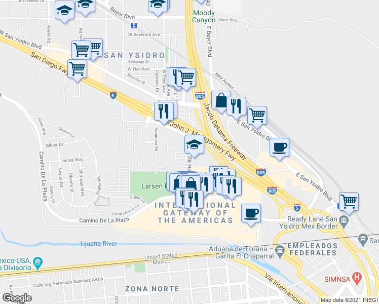 map of restaurants, bars, coffee shops, grocery stores, and more near 225 Willow Road in San Diego