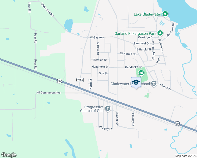 map of restaurants, bars, coffee shops, grocery stores, and more near 2806 Rampy Avenue in Gladewater