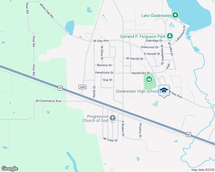 map of restaurants, bars, coffee shops, grocery stores, and more near 2806 Rampy Avenue in Gladewater