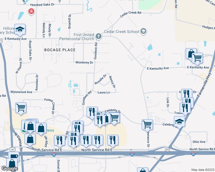 map of restaurants, bars, coffee shops, grocery stores, and more near 900 Victoria Drive in Ruston