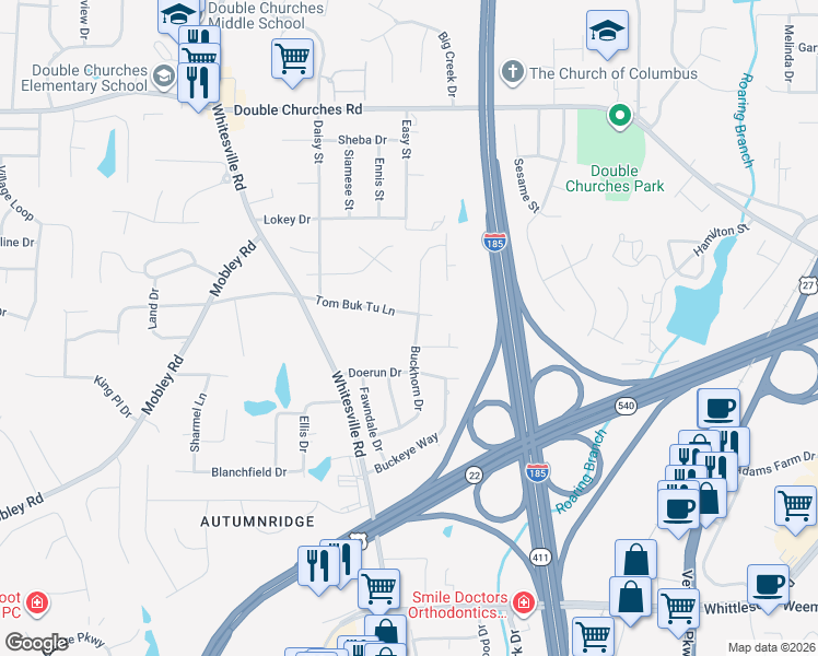 map of restaurants, bars, coffee shops, grocery stores, and more near 6957 Buckhorn Drive in Columbus