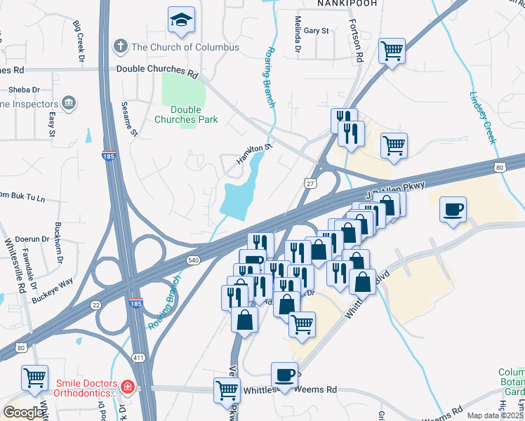 map of restaurants, bars, coffee shops, grocery stores, and more near 7200 North Lake Drive in Columbus