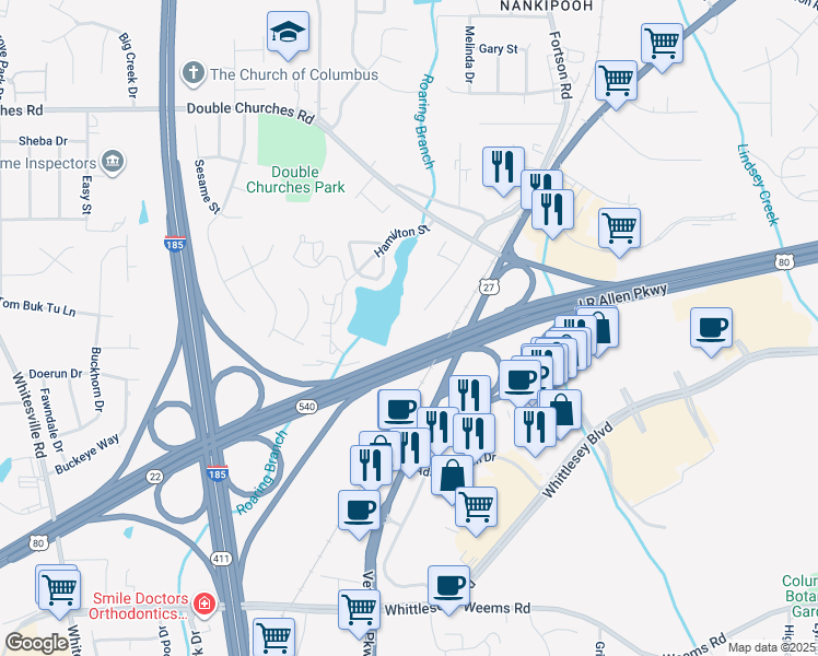 map of restaurants, bars, coffee shops, grocery stores, and more near 7200 North Lake Drive in Columbus