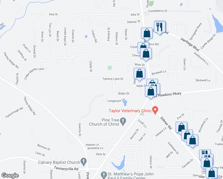 map of restaurants, bars, coffee shops, grocery stores, and more near 319 Blake Drive in Longview