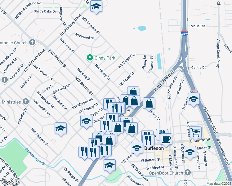 map of restaurants, bars, coffee shops, grocery stores, and more near 400 Northwest Lorna Street in Burleson