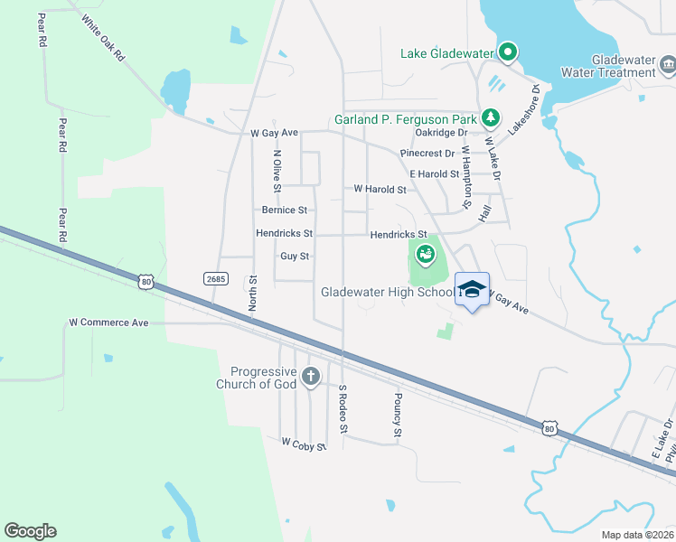 map of restaurants, bars, coffee shops, grocery stores, and more near 604 North Culver Street in Gladewater