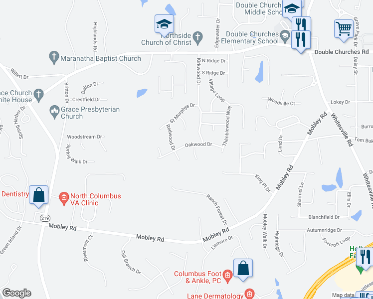 map of restaurants, bars, coffee shops, grocery stores, and more near 876 Oakwood Drive in Columbus