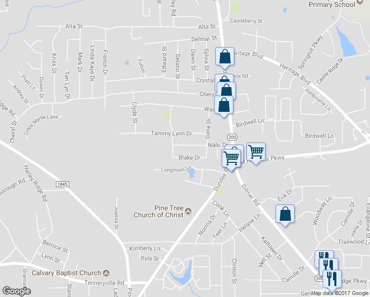 map of restaurants, bars, coffee shops, grocery stores, and more near 312 Nikki Drive in Longview