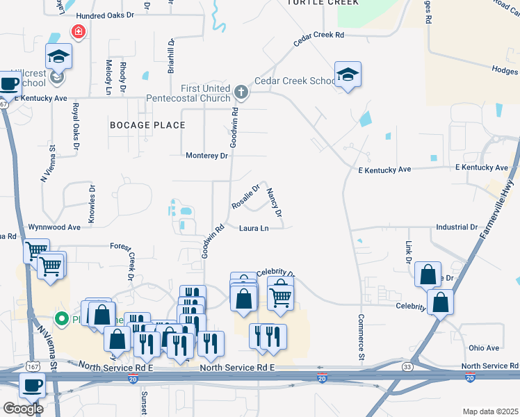 map of restaurants, bars, coffee shops, grocery stores, and more near 900 Victoria Drive in Ruston