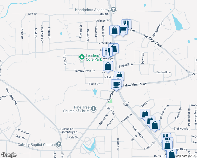 map of restaurants, bars, coffee shops, grocery stores, and more near 309 Blake Drive in Longview