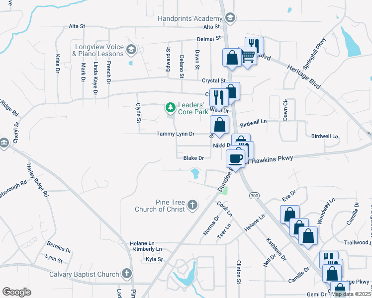 map of restaurants, bars, coffee shops, grocery stores, and more near 309 Blake Drive in Longview