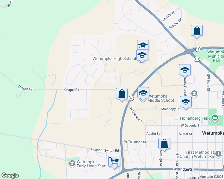 map of restaurants, bars, coffee shops, grocery stores, and more near 124 Chapel Road in Wetumpka