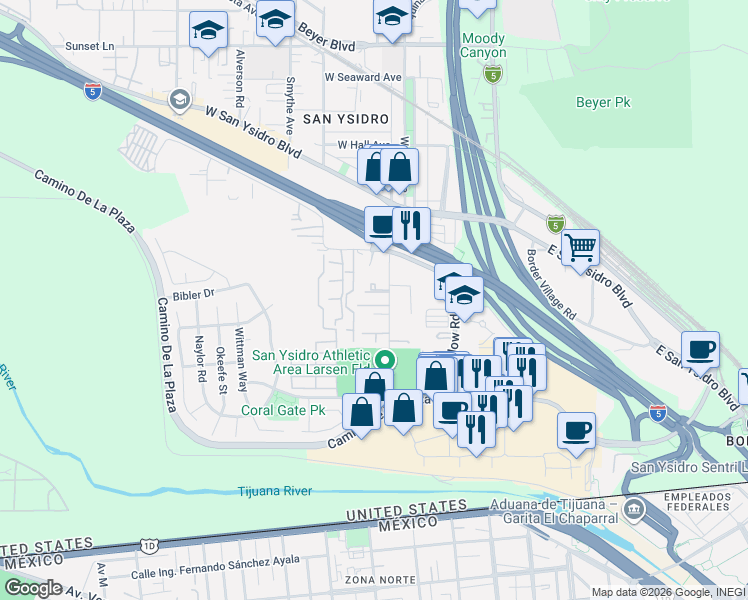 map of restaurants, bars, coffee shops, grocery stores, and more near 311 Sycamore Road in San Diego