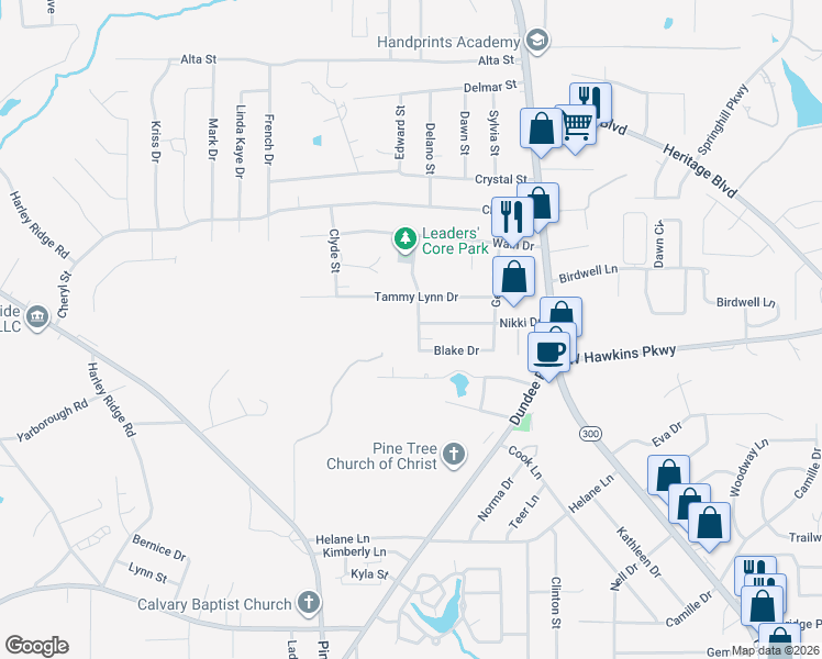map of restaurants, bars, coffee shops, grocery stores, and more near 3407 Denson Drive in Longview