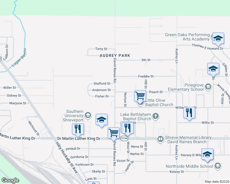map of restaurants, bars, coffee shops, grocery stores, and more near 2287 David Raines Road in Shreveport