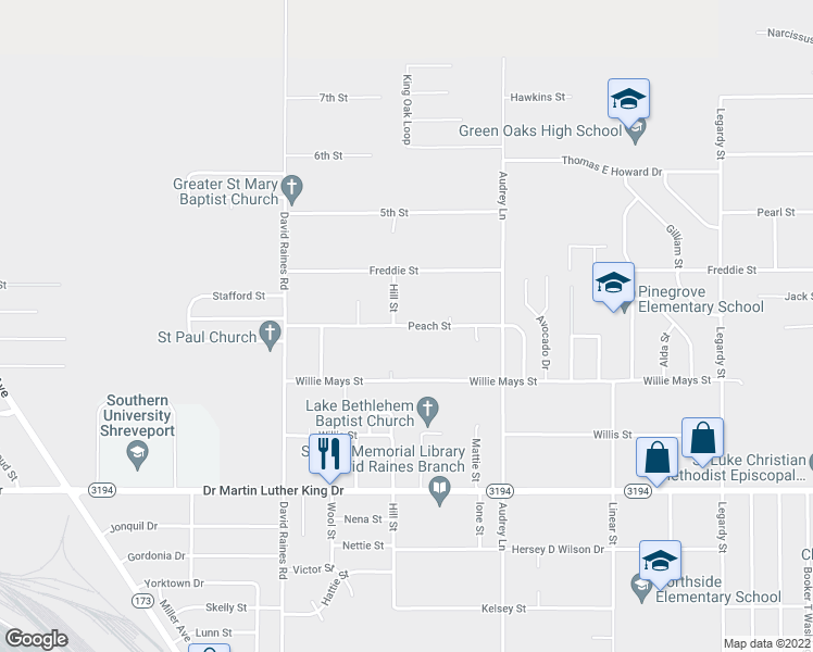 map of restaurants, bars, coffee shops, grocery stores, and more near 2919 Peach Street in Shreveport