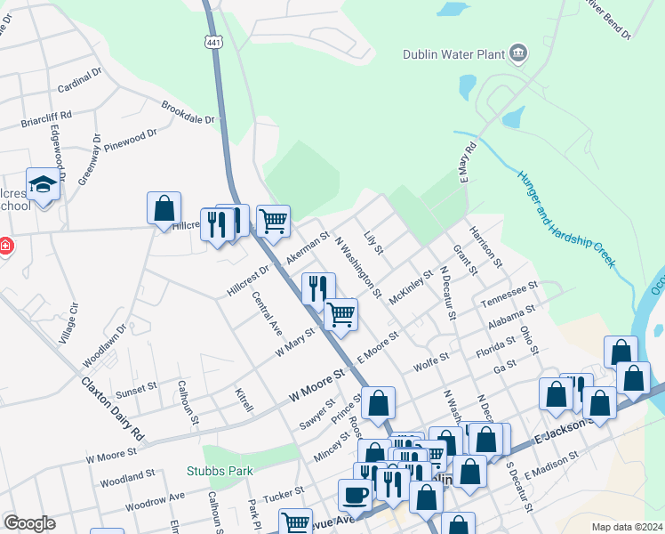 map of restaurants, bars, coffee shops, grocery stores, and more near 809 North Franklin Street in Dublin