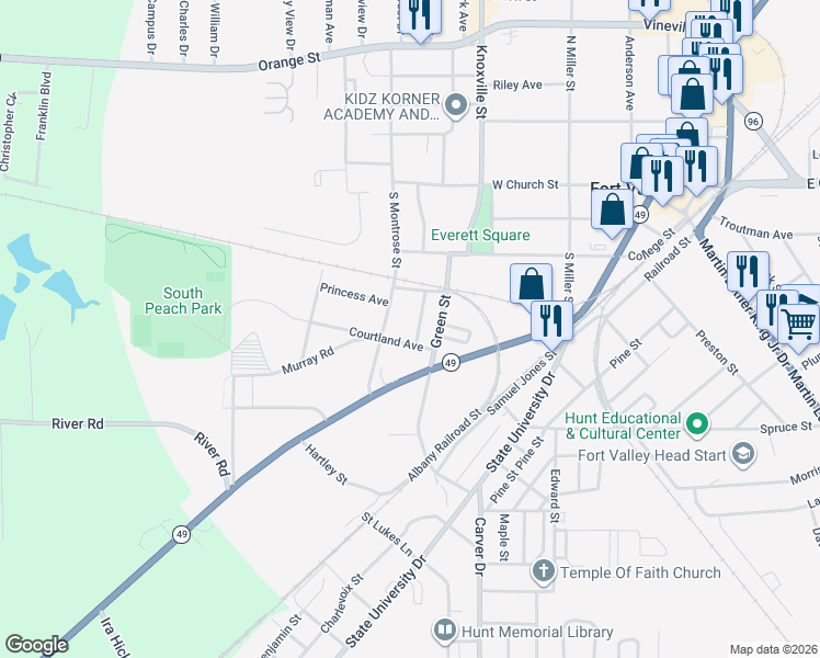 map of restaurants, bars, coffee shops, grocery stores, and more near 605 Courtland Avenue in Fort Valley