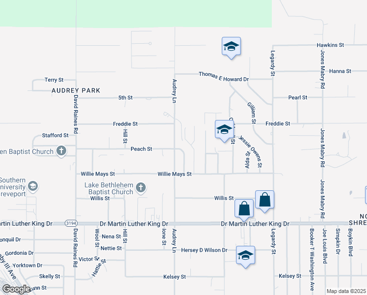 map of restaurants, bars, coffee shops, grocery stores, and more near 1719 Peach Street in Shreveport
